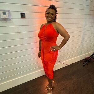 Melon colored swoop dress with rouching on the side